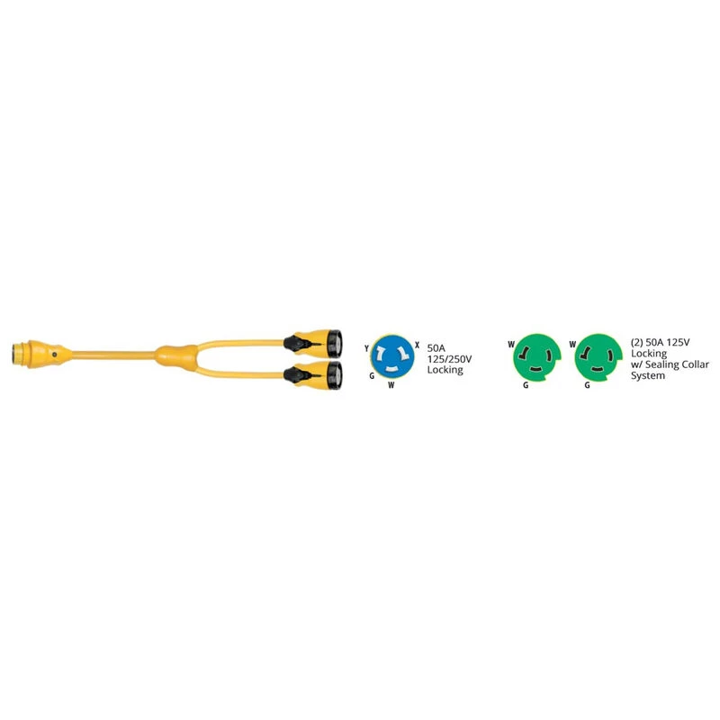 MARINCO EEL Y Adapter, 50A 125/250V Male to 2-50A 125V Females 2 MARINCO EEL Y Adapter, 50A 125/250V Male to 2-50A 125V Females - Image 2