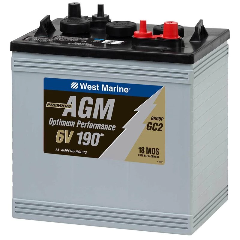 WEST MARINE Dual-Purpose AGM Battery, 190 Amp Hours, 6V, Group GC2 1 WEST MARINE Dual-Purpose AGM Battery, 190 Amp Hours, 6V, Group GC2