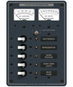 BLUE SEA SYSTEMS Traditional Metal DC Circuit Breaker Panel with Meters, 5-Position