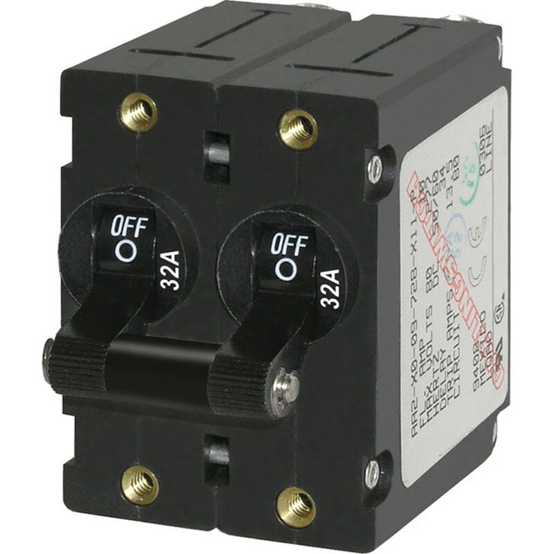 BLUE SEA SYSTEMS A-Series Black Toggle Circuit Breaker, Double Pole, 32A 1 BLUE SEA SYSTEMS A-Series Black Toggle Circuit Breaker, Double Pole, 32A