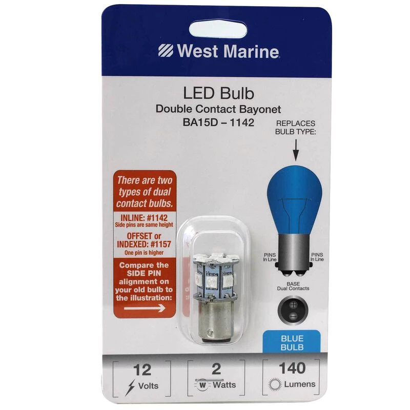 WEST MARINE Double Contact Bayonet BA15D-1142 LED Bulb, Blue 1 WEST MARINE Double Contact Bayonet BA15D-1142 LED Bulb, Blue