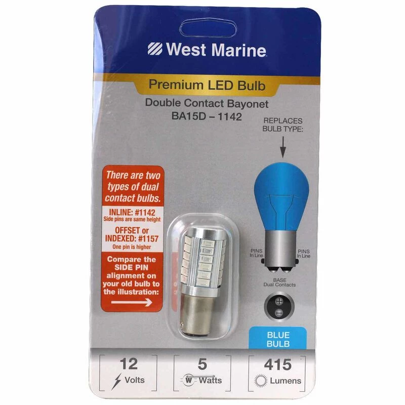 WEST MARINE Double Contact Index Bayonet BA15D-1142 LED Premium Bulb, Blue 1 WEST MARINE Double Contact Index Bayonet BA15D-1142 LED Premium Bulb, Blue