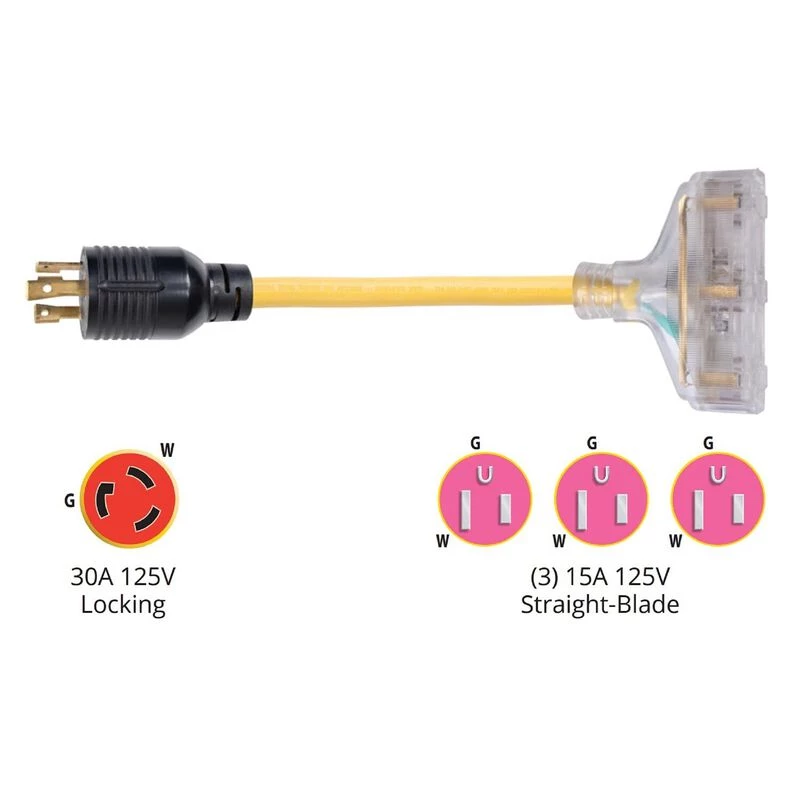 PARK POWER 30A Male to (3) 15A Female Generator Pigtail Adapter 2 PARK POWER 30A Male to (3) 15A Female Generator Pigtail Adapter - Image 2