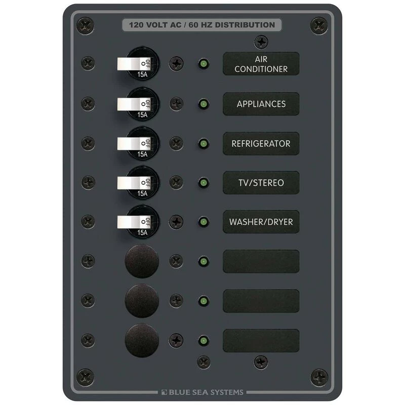 BLUE SEA SYSTEMS 8-Position AC Circuit Breaker Panel, 5 Circuit Breakers 1 BLUE SEA SYSTEMS 8-Position AC Circuit Breaker Panel, 5 Circuit Breakers