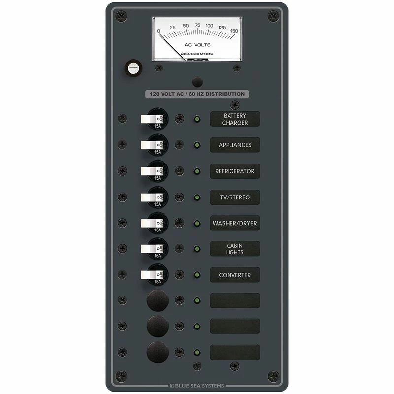 BLUE SEA SYSTEMS 10-Position AC Circuit Breaker Panel, 7 Circuit Breakers 1 BLUE SEA SYSTEMS 10-Position AC Circuit Breaker Panel, 7 Circuit Breakers